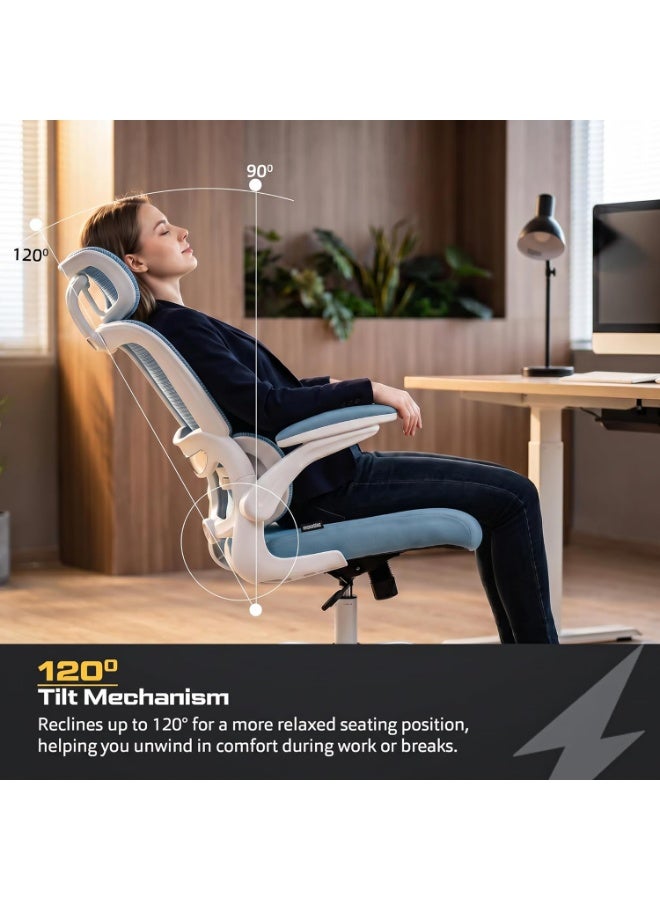 DROGO Premium Ergonomic Office Chair for Work from Home, High Back Computer Chair with Adjustable Seat, Lumbar Support & Headrest, Flip-up Armrest & Recline | Mesh Chair for Office/Home White/Blue - Image 2