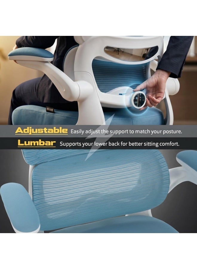 DROGO Premium Ergonomic Office Chair for Work from Home, High Back Computer Chair with Adjustable Seat, Lumbar Support & Headrest, Flip-up Armrest & Recline | Mesh Chair for Office/Home White/Blue - Image 3