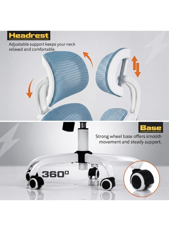 DROGO Premium Ergonomic Office Chair for Work from Home, High Back Computer Chair with Adjustable Seat, Lumbar Support & Headrest, Flip-up Armrest & Recline | Mesh Chair for Office/Home White/Blue - Image 4