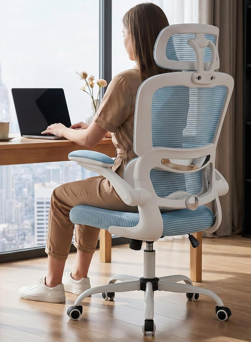 DROGO Premium Ergonomic Office Chair for Work from Home, High Back Computer Chair with Adjustable Seat, Lumbar Support & Headrest, Flip-up Armrest & Recline | Mesh Chair for Office/Home White/Blue - Image 1