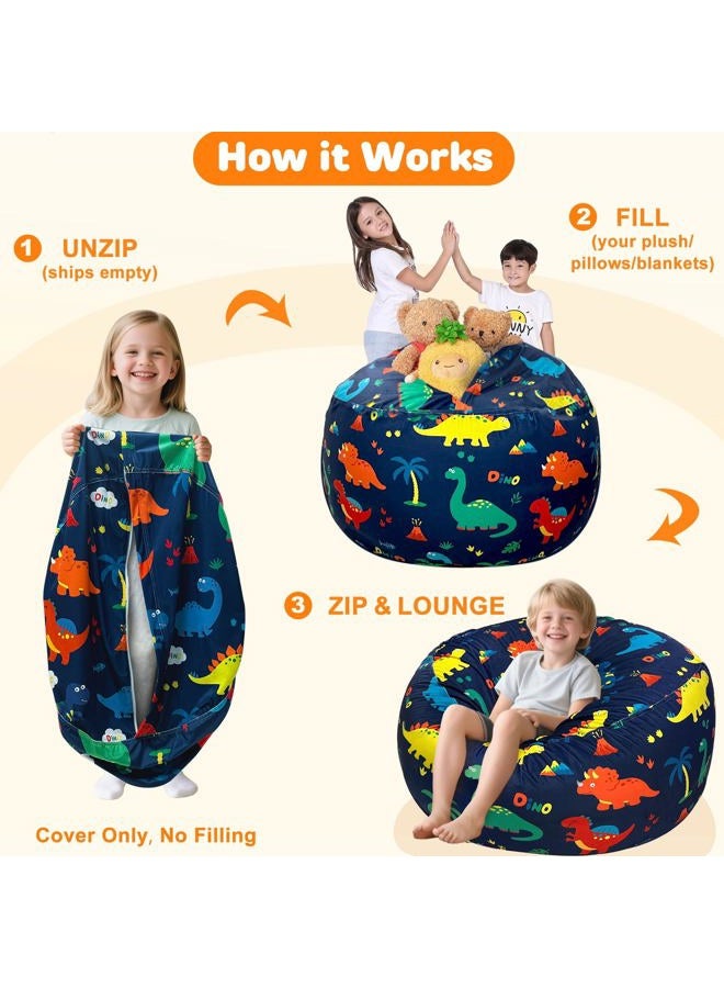 Lukeight Dinosaur Stuffed Animals Storage Bean Bag Chair Cover for Kids Toddlers, Cozy Velvet Plush Toy Organizer Seat, Cover Only, No Filling Included, Long YKK Zipper, Side Pocket, Large 27 x 16 in - Image 3