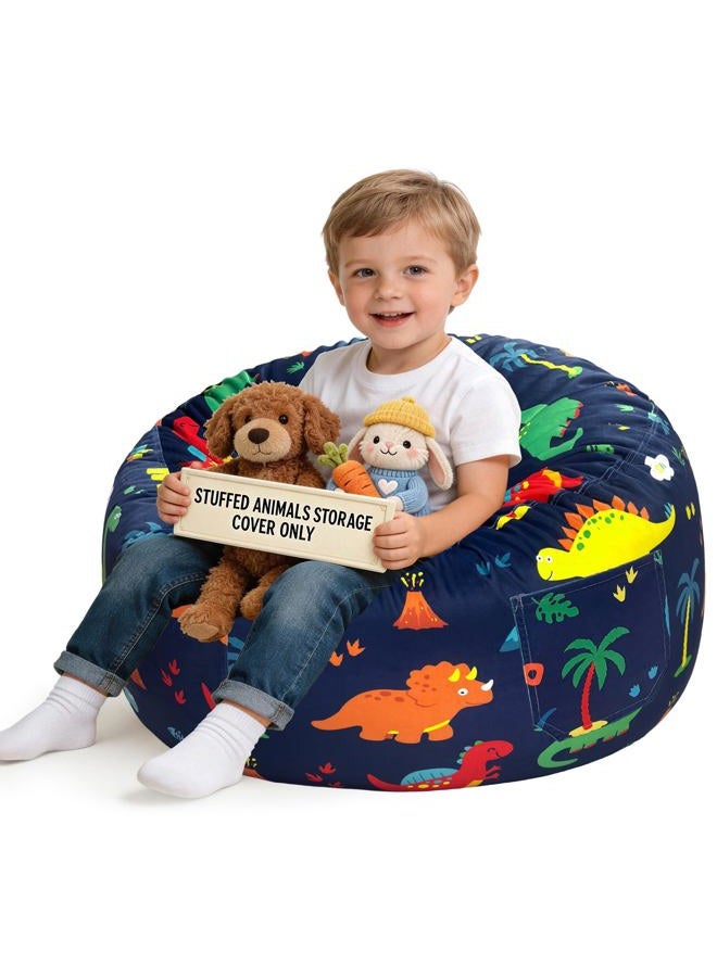 Lukeight Dinosaur Stuffed Animals Storage Bean Bag Chair Cover for Kids Toddlers, Cozy Velvet Plush Toy Organizer Seat, Cover Only, No Filling Included, Long YKK Zipper, Side Pocket, Large 27 x 16 in - Image 1