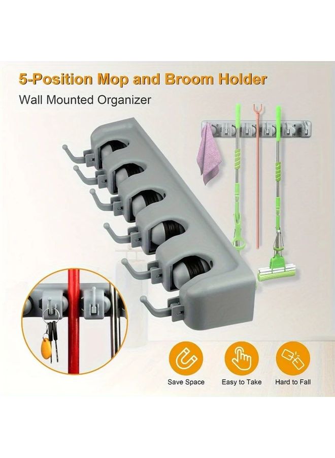 Gray Wall Mounted Mop Broom Holder 5 Slot Heavy Duty Plastic Organizer Space Saving - Image 2
