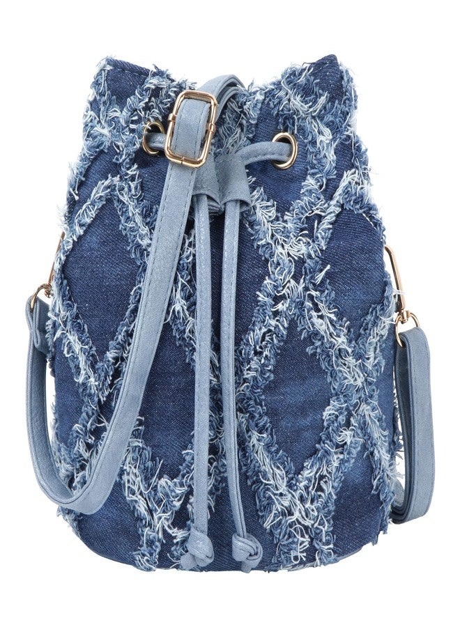 Minache Women Small Quilted Distressed Tassel Denim Jean Drawstring Bucket Crossbody Bag Hobo Shoulder Bag Handbag Purse - Image 1