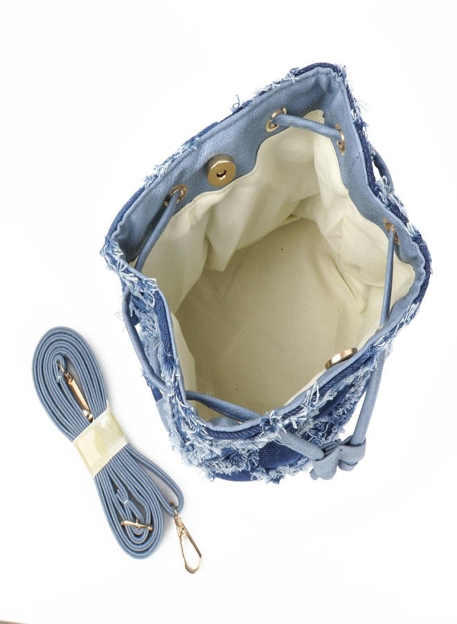 Minache Women Small Quilted Distressed Tassel Denim Jean Drawstring Bucket Crossbody Bag Hobo Shoulder Bag Handbag Purse - Image 5