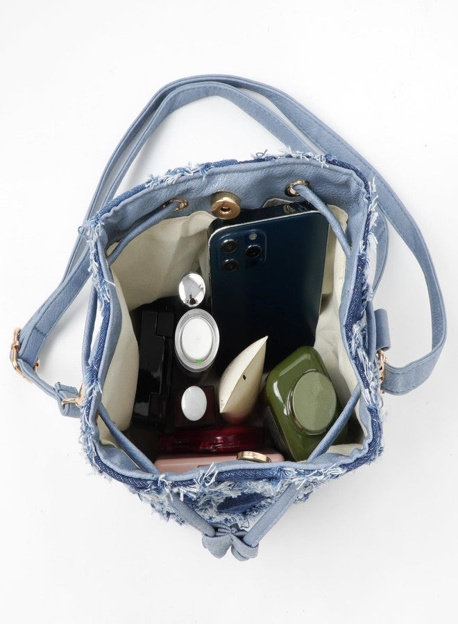 Minache Women Small Quilted Distressed Tassel Denim Jean Drawstring Bucket Crossbody Bag Hobo Shoulder Bag Handbag Purse - Image 4