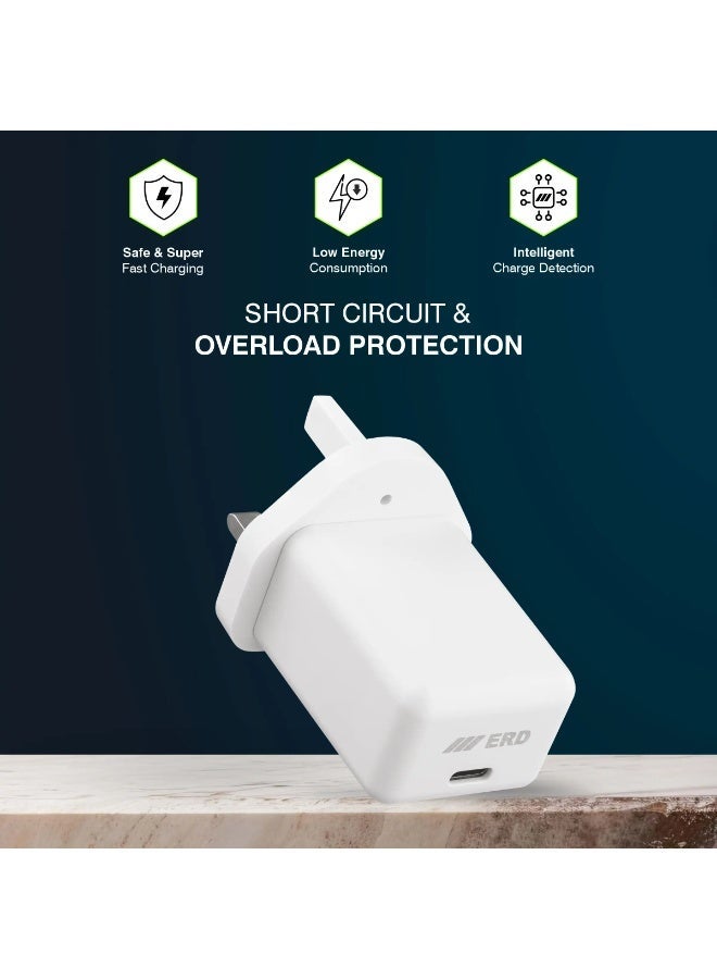 ERD شاحن سريع ERD 33W GaN | محول حائط فائق الصغر من نيتريد الغاليوم | توصيل طاقة عالي الكفاءة لأجهزة الكمبيوتر المحمولة USB-C، آيفون 15/16، سامسونج جالاكسي، والأجهزة اللوحية | شحن سريع بجميع البروتوكولات مع حماية متعددة الطبقات (أبيض، محول فقط) - Image 5