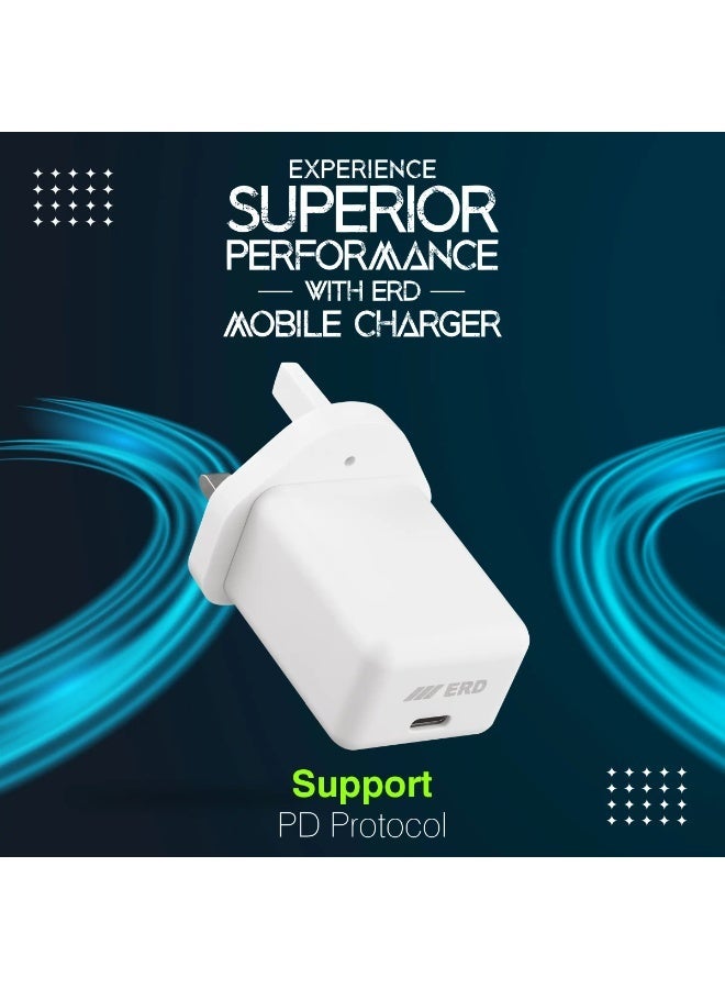ERD شاحن سريع ERD 33W GaN | محول حائط فائق الصغر من نيتريد الغاليوم | توصيل طاقة عالي الكفاءة لأجهزة الكمبيوتر المحمولة USB-C، آيفون 15/16، سامسونج جالاكسي، والأجهزة اللوحية | شحن سريع بجميع البروتوكولات مع حماية متعددة الطبقات (أبيض، محول فقط) - Image 4
