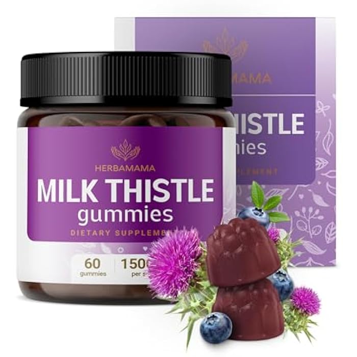 HERBAMAMA Milk Thistle Supplement – 1500mg Milk Thistle Gummies for Liver Detox* & Anitoxidant Support – Liver Support Supplement – Vegan Liver Health* Gummies - 60 Count (30 Servings) - Image 1