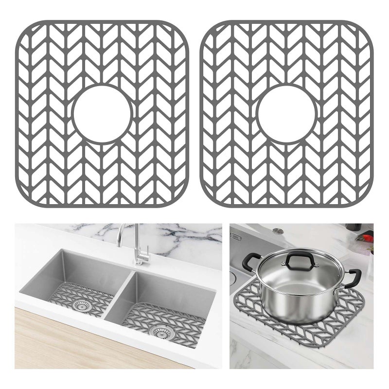 AWOKE Silicone Sink Protectors for Kitchen Sink, 12" x 11" Mat for bottom of sink, Center Drain Hole, Protect from Stains, Scratches, Dishwasher Safe Grid for Kitchen (2 Pack, Gray) - Image 1