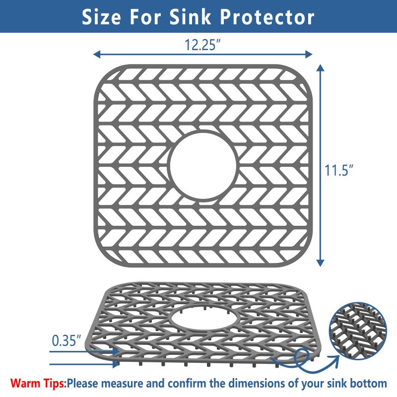 AWOKE Silicone Sink Protectors for Kitchen Sink, 12" x 11" Mat for bottom of sink, Center Drain Hole, Protect from Stains, Scratches, Dishwasher Safe Grid for Kitchen (2 Pack, Gray) - Image 2