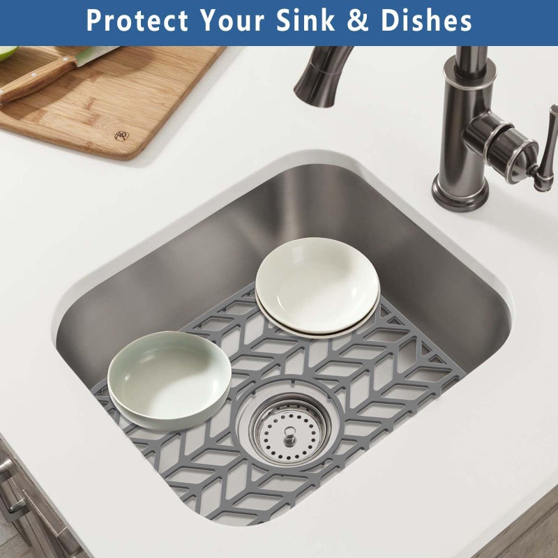 AWOKE Silicone Sink Protectors for Kitchen Sink, 12" x 11" Mat for bottom of sink, Center Drain Hole, Protect from Stains, Scratches, Dishwasher Safe Grid for Kitchen (2 Pack, Gray) - Image 5