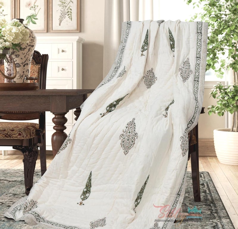 LOARSHY LOARSHY Organic Pure Cotton 350 TC Reversible Mulmul Hand Block Quilt Jaipuri Razai Single Bed Lotos Green 60X90 INCHES  - Image 1