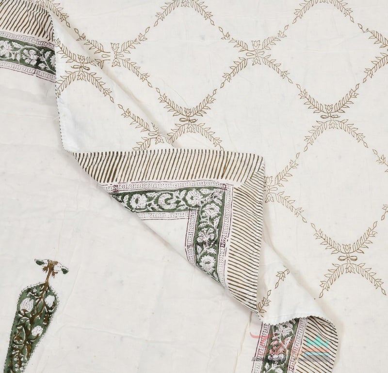 LOARSHY LOARSHY Organic Pure Cotton 350 TC Reversible Mulmul Hand Block Quilt Jaipuri Razai Single Bed Lotos Green 60X90 INCHES  - Image 2