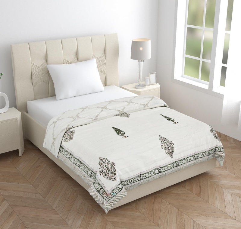 LOARSHY LOARSHY Organic Pure Cotton 350 TC Reversible Mulmul Hand Block Quilt Jaipuri Razai Single Bed Lotos Green 60X90 INCHES  - Image 5