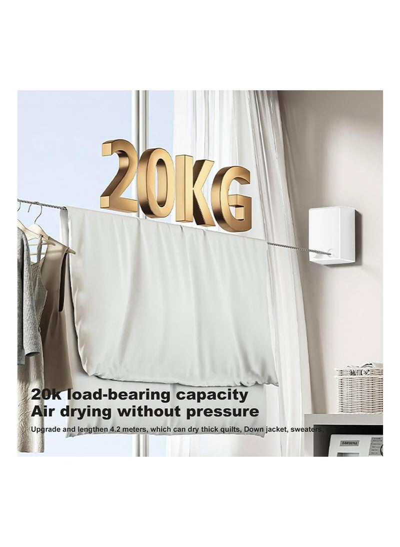 TAPIT Retractable Clothesline for Indoor Outdoor, Adjustable Clothes Rope with 4.2m Stainless Steel Line, Maximum Load 20kg, Invisible Wall Mounted Laundry Drying Rack (Single Line - White) - Image 3