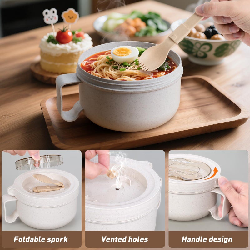 OZY Microwave Bowl Set with Lids and Handles,Ramen Noodles Cup Mug for Instant Noodles,Oatmeal,Salad,Soup,Cereal,Ideal for Home,Office, Dorm (1Beige) - Image 3