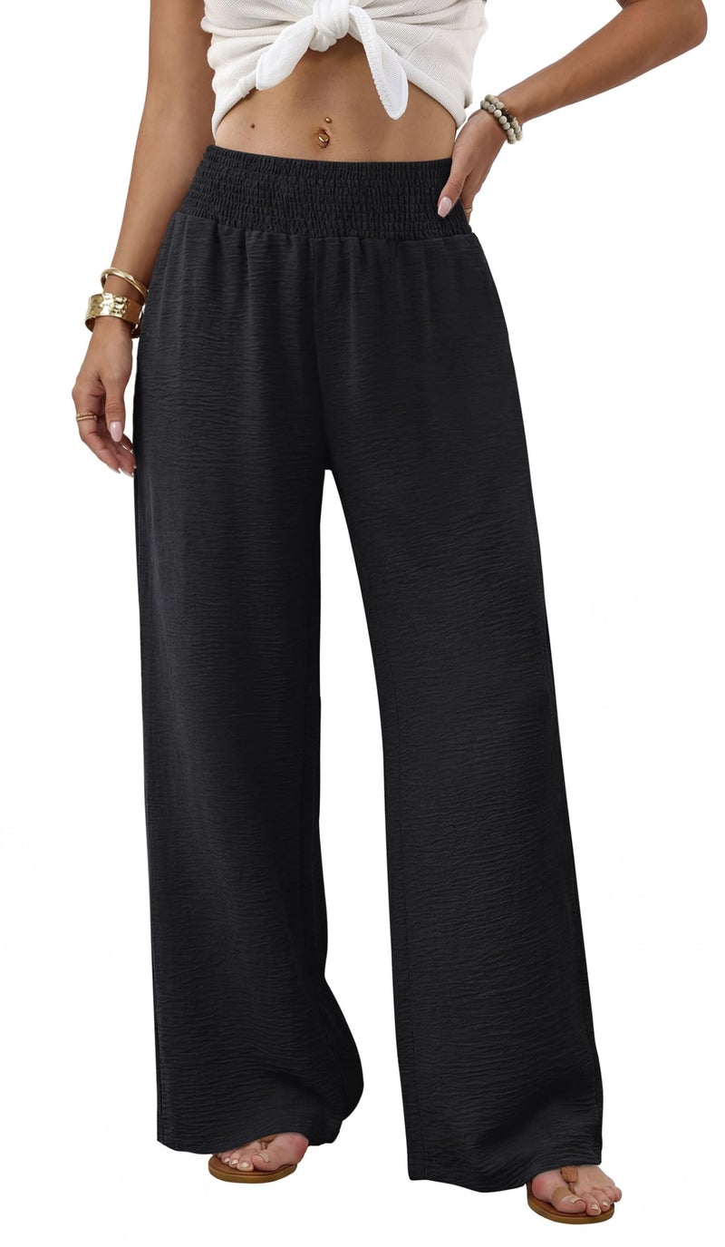 Sampeel Black Wide Leg Linen Pants Woman Boho Palazzo Trousers for Women with Pockets Flowy Summer Beach Vacation Outfits Spring Cruise Travel Fashion Clothing Dressy Casual Lounge Resort Wear L - Image 2