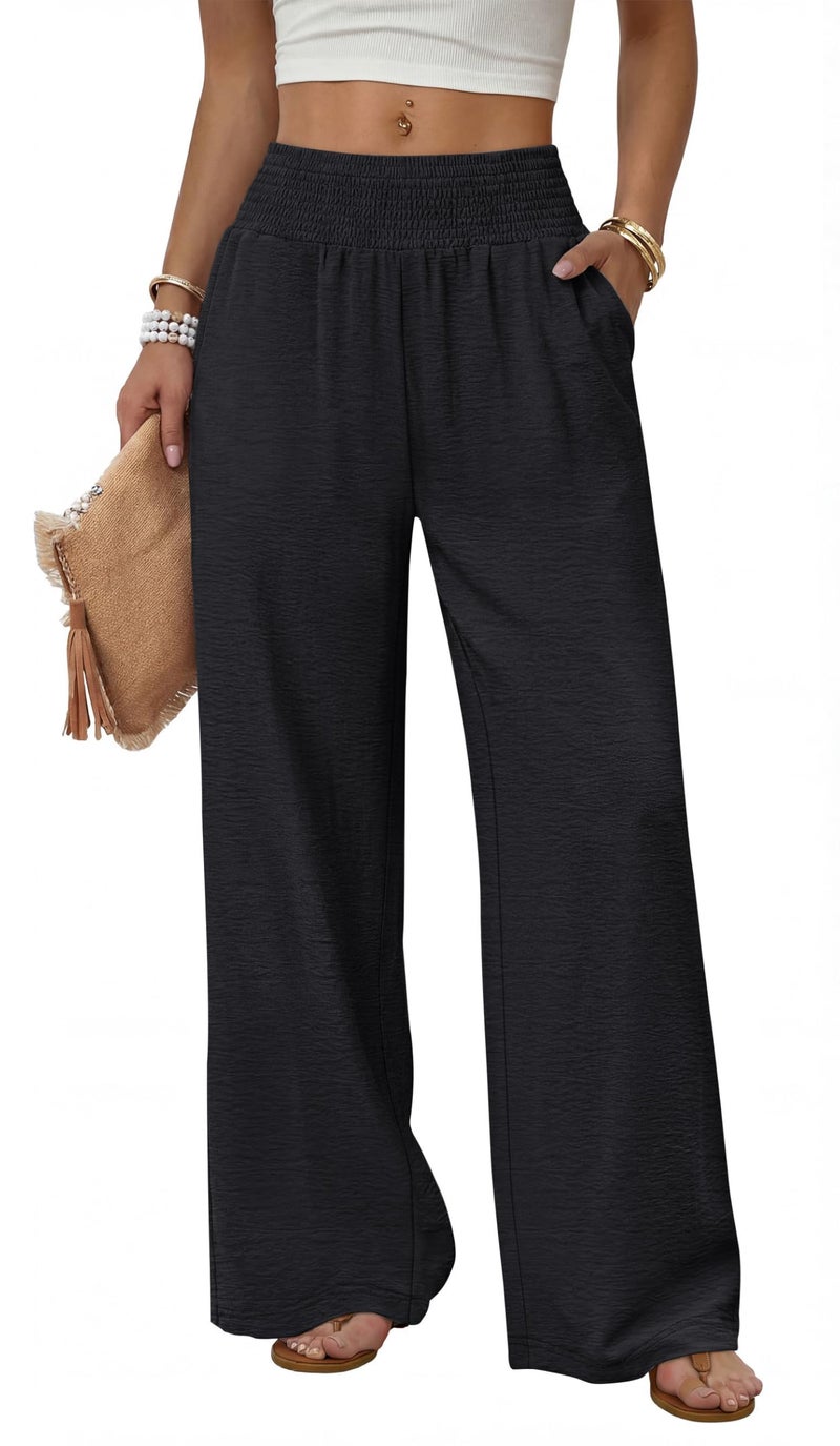 Sampeel Black Wide Leg Linen Pants Woman Boho Palazzo Trousers for Women with Pockets Flowy Summer Beach Vacation Outfits Spring Cruise Travel Fashion Clothing Dressy Casual Lounge Resort Wear L - Image 1