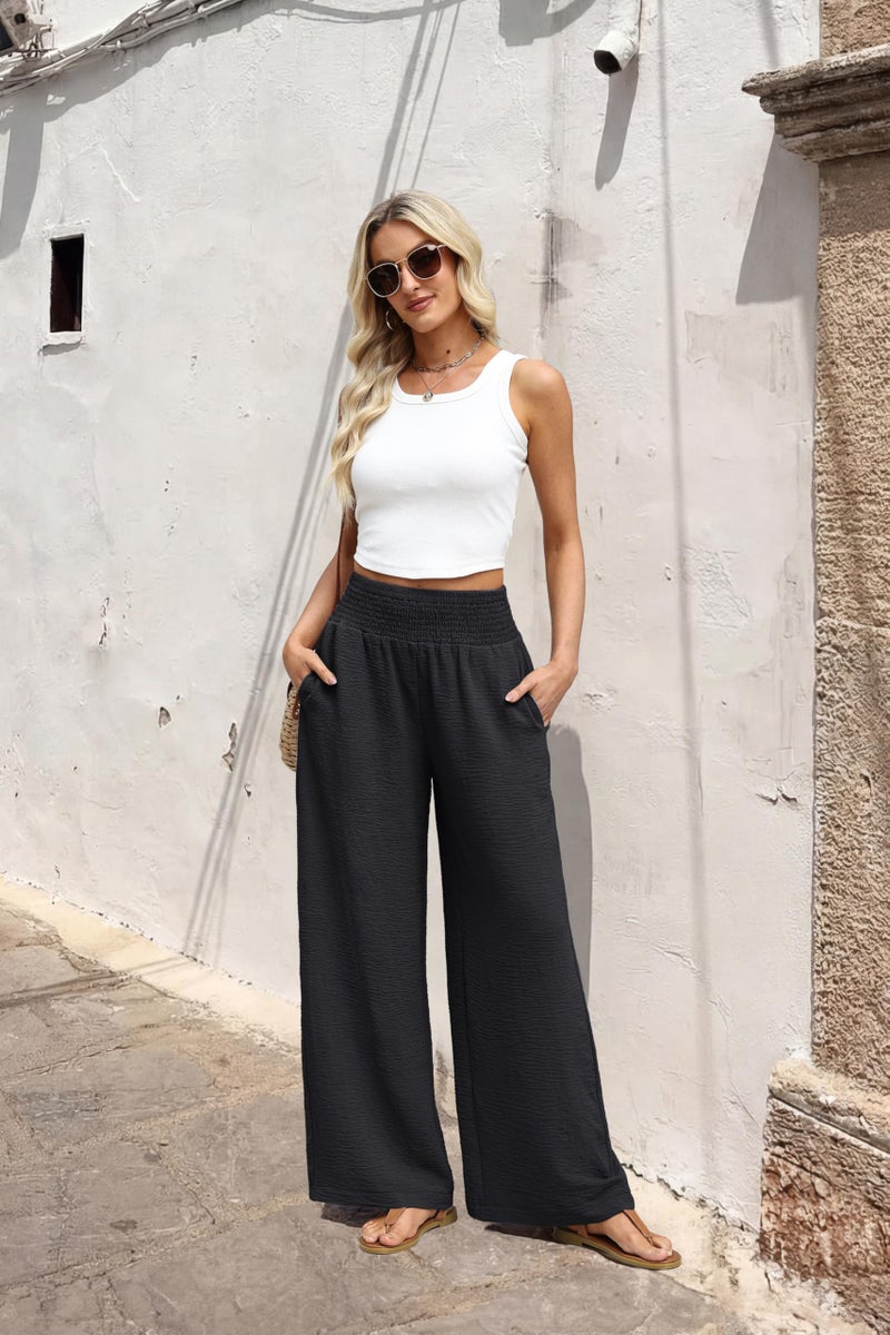 Sampeel Black Wide Leg Linen Pants Woman Boho Palazzo Trousers for Women with Pockets Flowy Summer Beach Vacation Outfits Spring Cruise Travel Fashion Clothing Dressy Casual Lounge Resort Wear L - Image 5