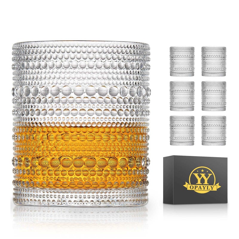 OPAYLY hobnail Drinking Glasses Old Fashion Glass 10oZ rocks glasses Set of 6 glasses Water Juice Cocktail Vintage Glassware Set Gift for Men Women