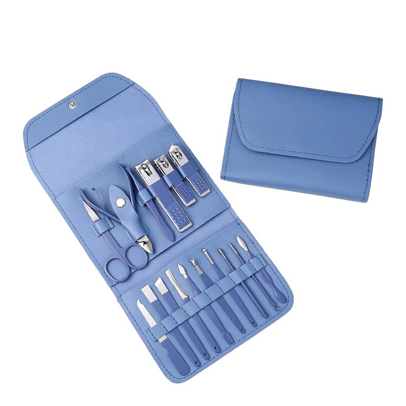 Luxula Luxula 16 in 1 Stainless Steel Professional Manicure Set Nail Cutter for Women Nail Scissors Luxury Grooming Kit Manicure Pedicure Kit with Leather Case for Women Nail Repairs Acne Remover needle 1 Set Blue - Image 1