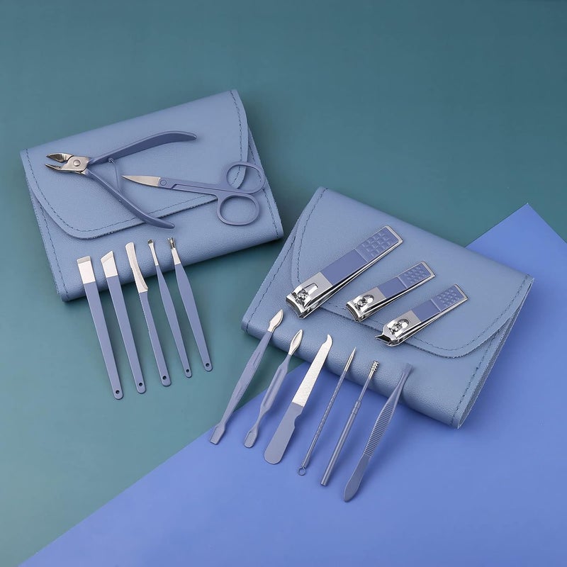 Luxula Luxula 16 in 1 Stainless Steel Professional Manicure Set Nail Cutter for Women Nail Scissors Luxury Grooming Kit Manicure Pedicure Kit with Leather Case for Women Nail Repairs Acne Remover needle 1 Set Blue - Image 4