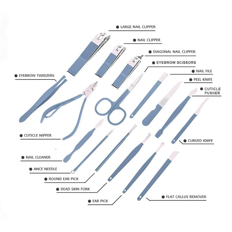 Luxula Luxula 16 in 1 Stainless Steel Professional Manicure Set Nail Cutter for Women Nail Scissors Luxury Grooming Kit Manicure Pedicure Kit with Leather Case for Women Nail Repairs Acne Remover needle 1 Set Blue - Image 3