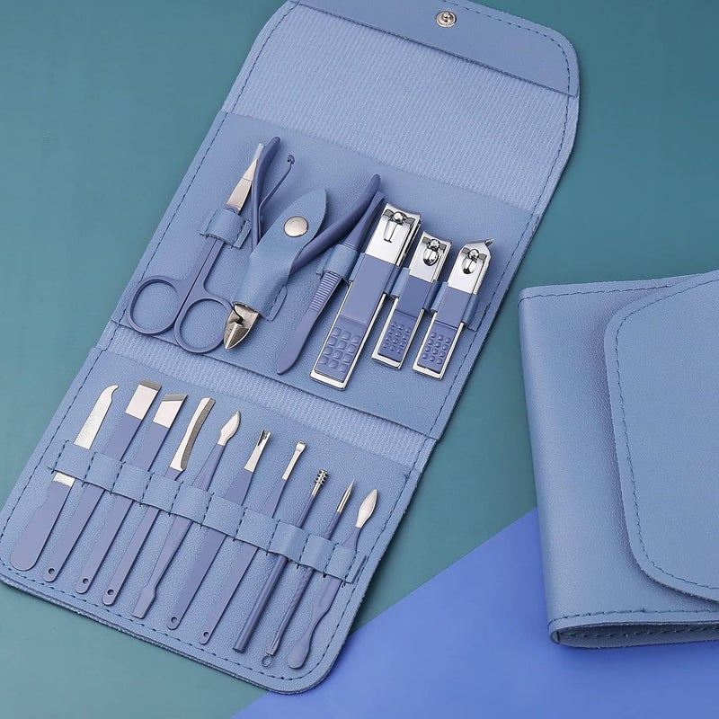 Luxula Luxula 16 in 1 Stainless Steel Professional Manicure Set Nail Cutter for Women Nail Scissors Luxury Grooming Kit Manicure Pedicure Kit with Leather Case for Women Nail Repairs Acne Remover needle 1 Set Blue - Image 2