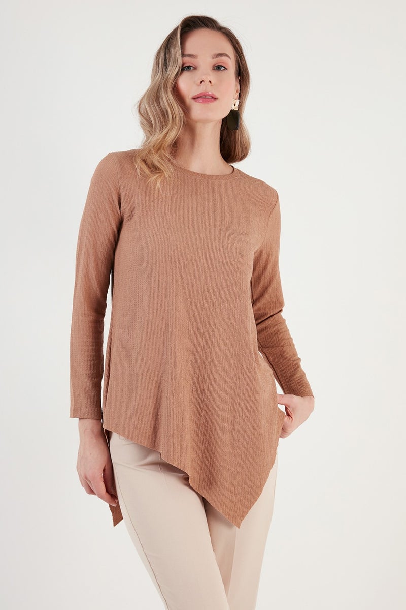 Lela Crew Neck Stretchy Textured Asymmetric Blouse Women's Blouse 5864971  - Image 3