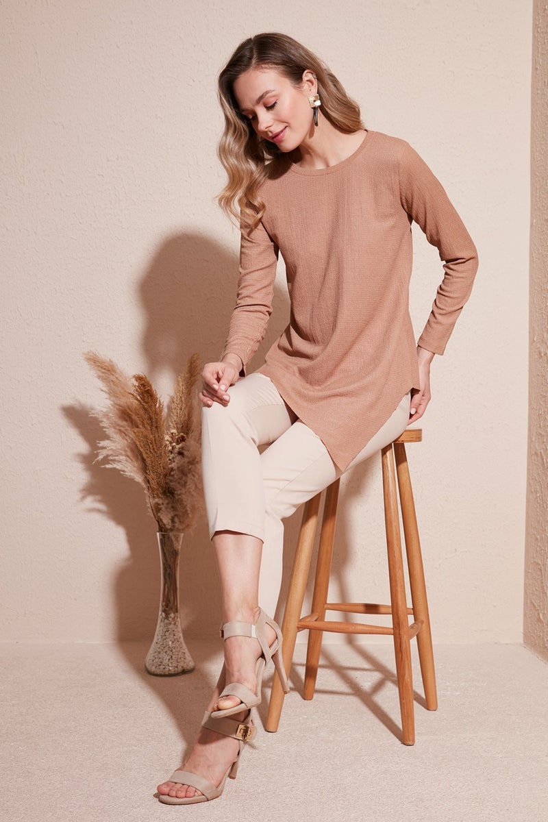 Lela Crew Neck Stretchy Textured Asymmetric Blouse Women's Blouse 5864971  - Image 2