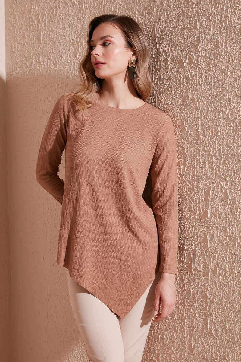 Lela Crew Neck Stretchy Textured Asymmetric Blouse Women's Blouse 5864971  - Image 1