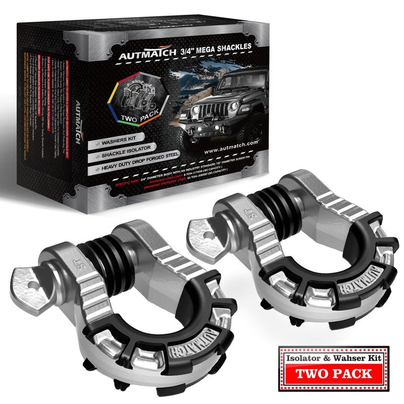 AUTMATCH D Ring Shackles 34 Mega Shackle 2 Pack 68000Ibs Break Strength with 78 Screw Pin and Shackle Isolator  Washers Kit for Tow Strap Winch Off Road Vehicle Recovery Silver