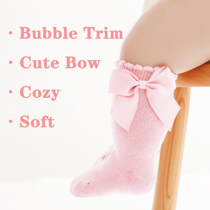 Mini Angel Baby Knee High Socks - Toddler Long Cotton Tube Stockings With Bow Ruffles for Girls, Infant Dress Socks, 0-6 Months (White Pink Set, 5 Pairs) - Image 4