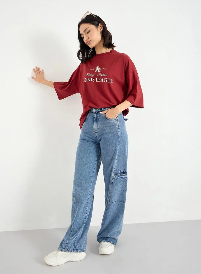 Styli Red Oversized 100% Cotton T-Shirt with Dropped Shoulder