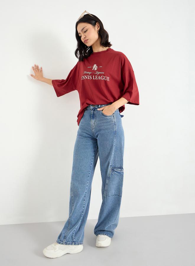 Styli Red Oversized 100% Cotton T-Shirt with Dropped Shoulder - Image 2