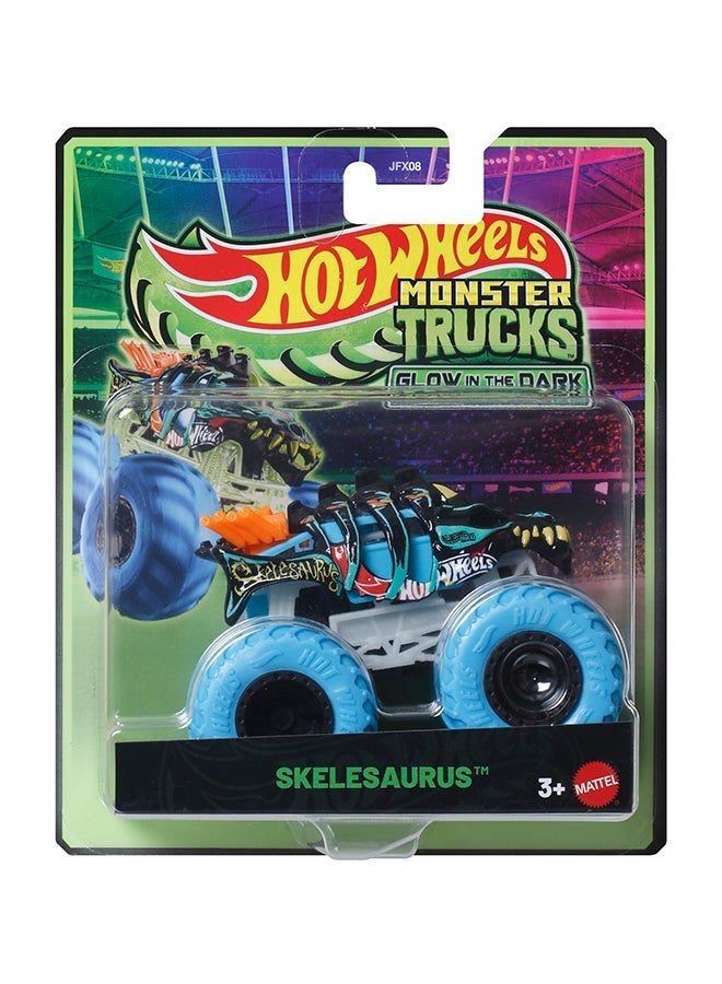 Hot Wheels شاحنات الوحوش، شاحنة لعبة مصنوعة من الصب، تتوهج في الظلام بمقياس 1:64 (قد تختلف الأنماط) - Image 1