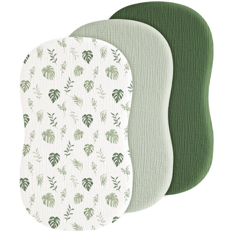 Coreeky Baby Muslin Bassinet Sheets 3 Pack for Boys & Girls, Soft Breathable Cotton Bassinet Mattress Cover, Universal Fit for Hourglass, Oval, and Rectangle Mattress (Leaf Green) - Image 1