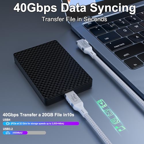 HOTUTUKI White Thunderbolt 4 Cable Long, Right Angle USB 4 Cable 90 Degree, 240W USB c Cable 40gbps Data Transfer, 8K@60Hz Display, Compatible with Docks eGPU Hub 6.6ft/2M - Image 4