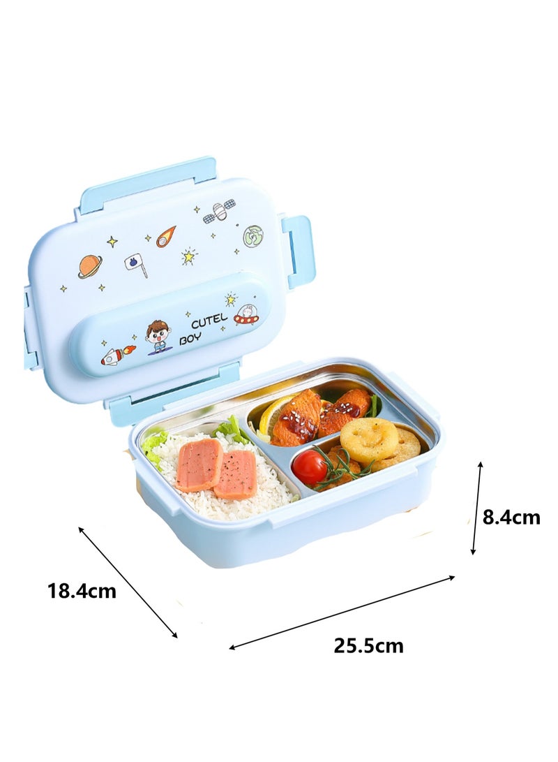 316 Stainless Steel Insulated Lunch Box Student Cute Compartment Lunch Box Office Worker Portable Lunch Box (three grid blue)  - Image 2