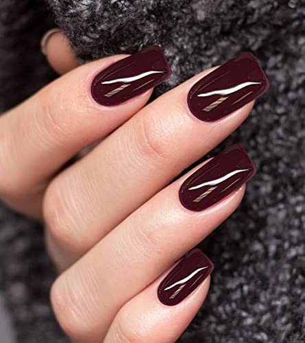 morily Press on Nails Medium Length- Morily Burgundy Fake Nails Square Shaped, Solid Color Glossy Squoval Stick on False Fingernails for Women - 24Pcs in 12 Sizes - Image 1
