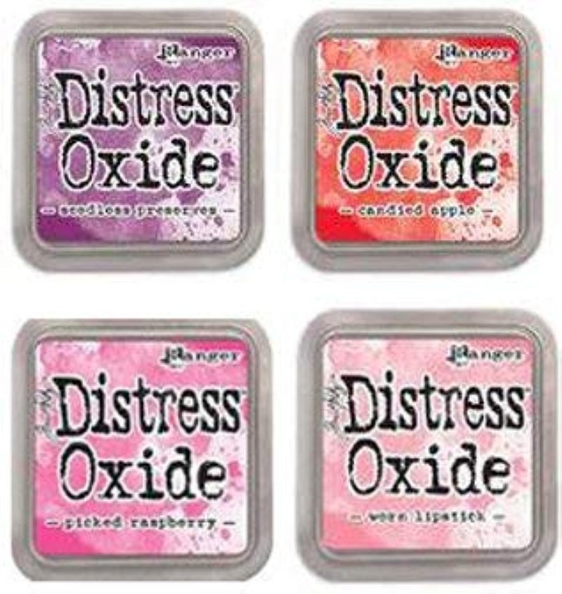 Tim Holtz Ranger Distress Oxide Ink Bundle - Four 3" x 3" Pads (D : Seedless Preserves, Candied Apple, Pickled Raspberry, and Worn Lipstick)