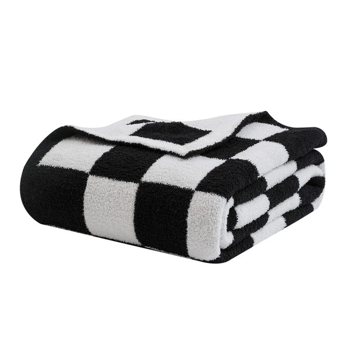 FUZZY CHECKERBOARD GRID THROW BLANKET SOFT COZY WARM MICROFIBER ALL SEASON BLANKET DECOR FOR COUCH SOFA BED TRAVEL HOME BLACK 50X60