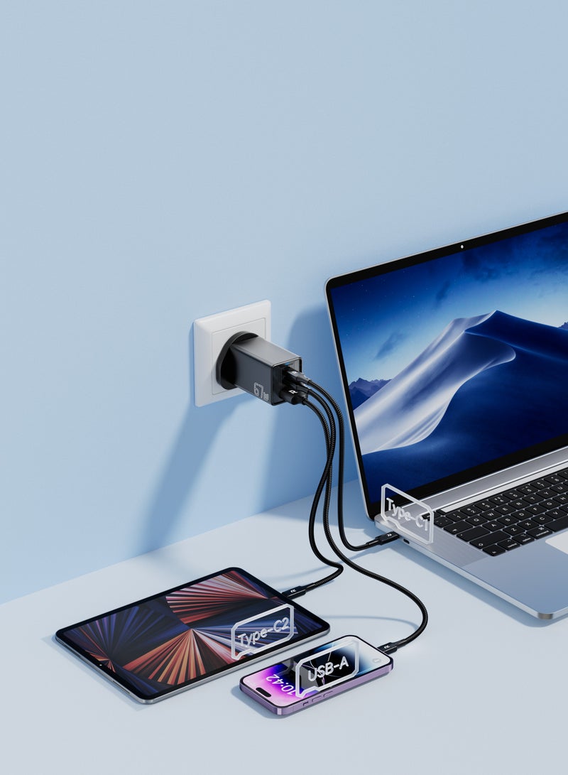 رافاي مهايئ السفر بقوة 67 واط بتقنية GaN PD مع 3 منافذ: USB-A و2 من نوع C لشحن هواتف سامسونج وهواوي وون بلس وآيفون 15/15 برو/15 برو ماكس/14/13/12 -  أسود - Image 2