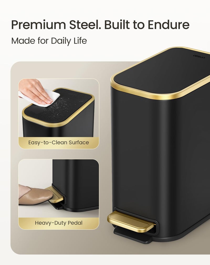 Cesun Small Bathroom Trash Can with Lid Soft Close, 5 Liter/1.3 Gallon Stainless Steel Garbage Can with Removable Inner Bucket, Step Pedal, Slim Waste Basket for Toilet, Office, Bedroom (Black&Gold) - Image 5