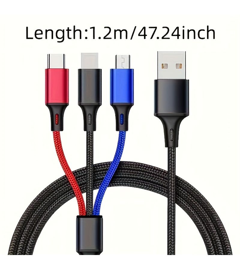 كابل شحن USB 3 في 1، مضفر بالنايلون، متعدد الألوان، بطول 1.2 متر (3.9 قدم)، متعدد الاستخدامات لأجهزة آيفون من 15 إلى 6S Plus، ونوع C، ومايكرو USB، والهواتف الذكية التي تعمل بنظام أندرويد. - Image 1