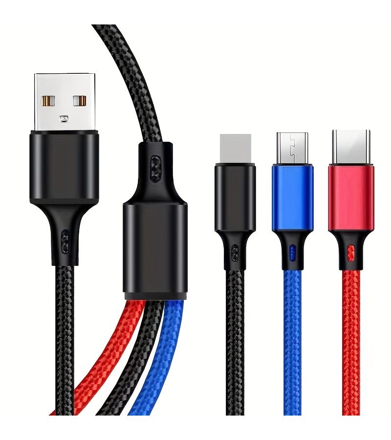 كابل شحن USB 3 في 1، مضفر بالنايلون، متعدد الألوان، بطول 1.2 متر (3.9 قدم)، متعدد الاستخدامات لأجهزة آيفون من 15 إلى 6S Plus، ونوع C، ومايكرو USB، والهواتف الذكية التي تعمل بنظام أندرويد. - Image 4