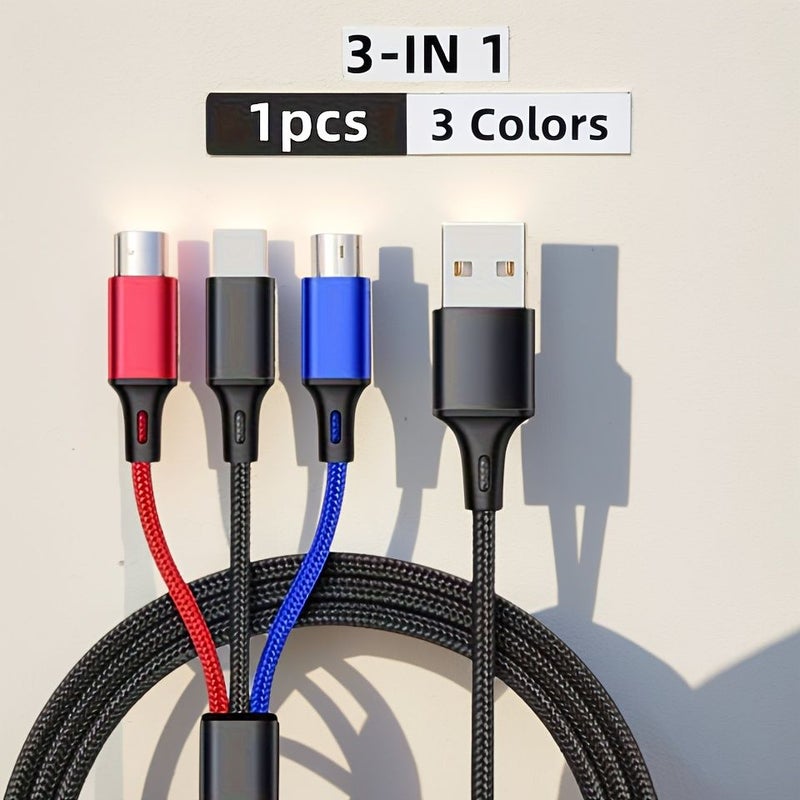 كابل شحن USB 3 في 1، مضفر بالنايلون، متعدد الألوان، بطول 1.2 متر (3.9 قدم)، متعدد الاستخدامات لأجهزة آيفون من 15 إلى 6S Plus، ونوع C، ومايكرو USB، والهواتف الذكية التي تعمل بنظام أندرويد. - Image 2