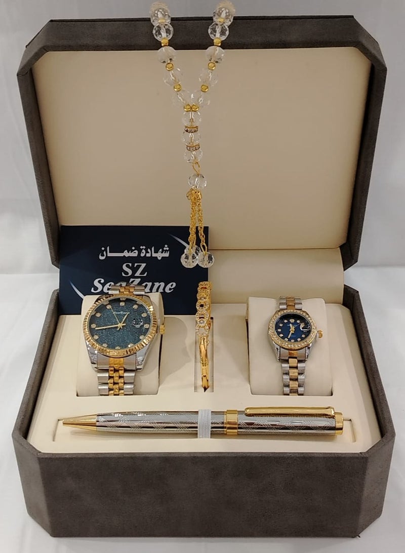 Generic Men's watch set with pen and rosary + women's watch and zircon bracelet with zircon ring 