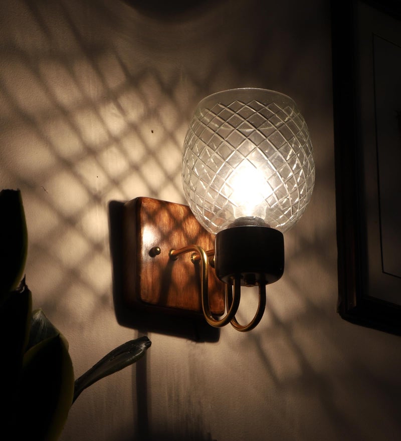 Green House Handmade Sheesham Wood Wall Light/Lamp with White Diamond Cut Glass, E27 Bulb Holder(Bulb not Included), Gold Plated Metal Bands and Brass Rivets for Bedroom/Living Room/Hallway - Image 2